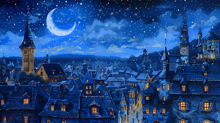 Starry sky, medieval cityscape, street lights, bustling streets, European architecture, clock tower, busy traffic, fantasy style, oil painting