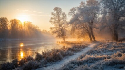 Frosty sunrise over a tranquil river surrounded by trees in a serene winter landscape