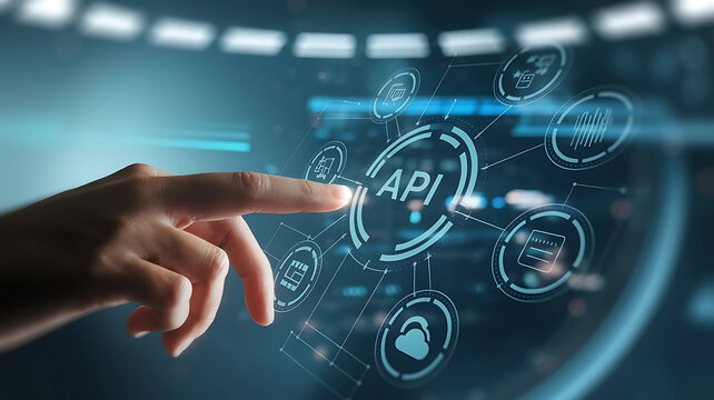 API interface, Application programming interface, Businessmen Interacting with a Futuristic API Interface, business technology, API integration