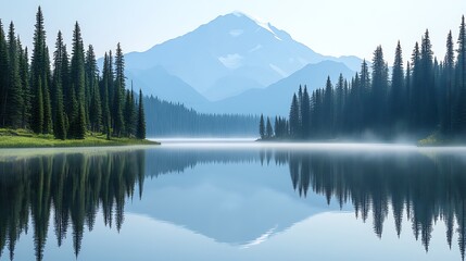 Obraz premium A serene mountain lake with fog rising from the water and a snow-capped peak in the distance.
