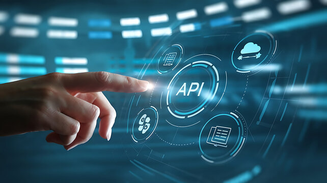 API interface, Application programming interface, Businessmen Interacting with a Futuristic API Interface, business technology, API integration