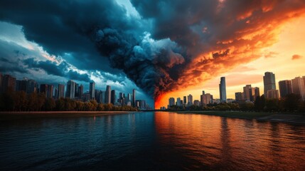 Fototapeta premium Urban Conflict with Climate Change and Pollution Crisis