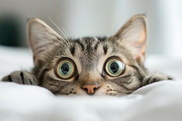 A curious tabby cat with wide eyes peek out from a blanket.