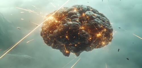 A complex brain-like shape made of intersecting lines and glowing nodes, floating in a misty atmosphere with beams of light representing sparks of new ideas and creativity.