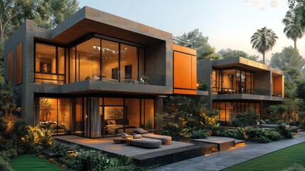 Modern houses with large windows in a lush garden setting.