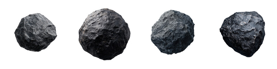 Obraz premium Collection of rough irregularly shaped black and gray natural rock boulders and stones in rugged outdoor landscape Craggy textured geology formations with solid hardscape elements