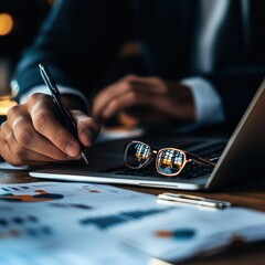 a consultant updating a client on insurance policy planning while reviewing data on a laptop