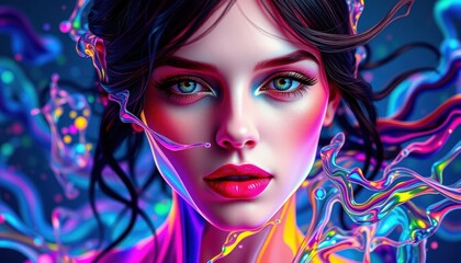 Fototapeta premium Vibrant portrait of a woman surrounded by colorful swirls