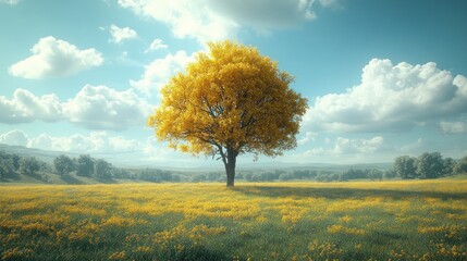 Fototapeta premium A solitary yellow tree in a vibrant field under a blue sky.