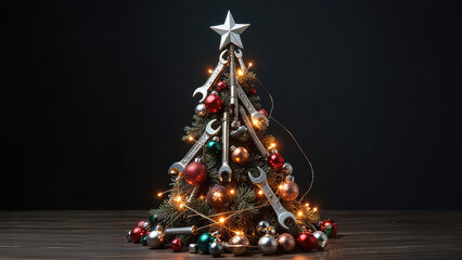 Christmas tree made of wrenches decorated with balls on a black background. New Year banner with tools. Postcard for happy new year with industrial holiday concept.