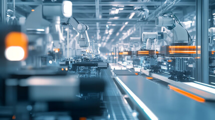 Fototapeta premium AI-controlled assembly line in a modern industrial facility, using machine vision and predictive maintenance for seamless production