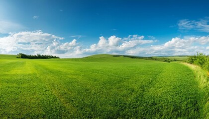 Obraz premium beautiful natural scenic panorama green field of cut grass into and blue sky with clouds on horizon perfect green lawn on summer sunny day