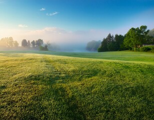 beautiful summer natural landscape with lawn with cut fresh grass in early morning with light fog panoramic spring background
