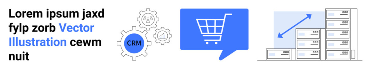 Gears with CRM label, shopping cart in speech bubble, and stacked boxes with upward arrow. Ideal for e-commerce, customer relationship management, inventory, growth, logistics, business tools