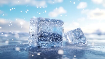 Obraz premium Ice-textured 3D 7.7 with snowflakes falling in the background