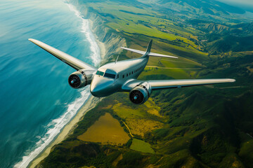 Airplane flying over a coastal landscape with green fields and a sandy beach below