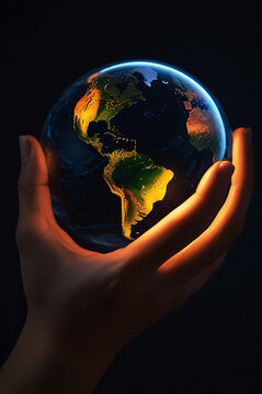 A hand holds the glowing globe