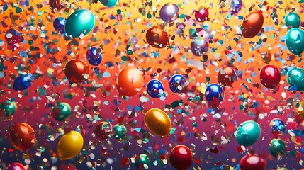 Bubble-style 3D 7.7 with vibrant colors and a confetti-filled background