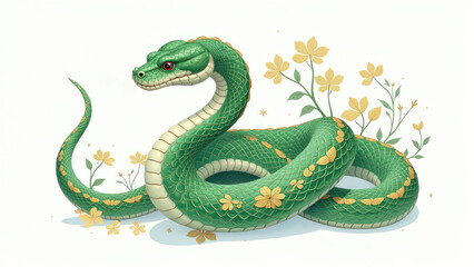 Fototapeta premium Illustration of green snake zodiac sign with floral ornament on white background, symbol new year