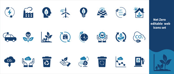 Net Zero Editable Web icon set, symbol, mark, ax, zero, carbon, action, credit, net, tree, neutral, durable, art, car, flat,