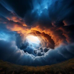 a stunning view of dark storm clouds revealing a bright orange and blue sky through a central opening a captivating mix of light and dark perfect for atmospheric themes