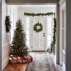 Fototapeta premium A festive hallway adorned with garlands and a small Christmas tree, creating a welcoming atmosphere filled with holiday spirit