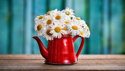 bouquet of daisies in a retro red teapot