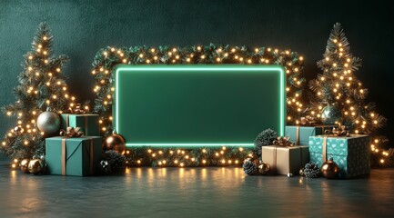 green holiday board with gifts and fairy lights