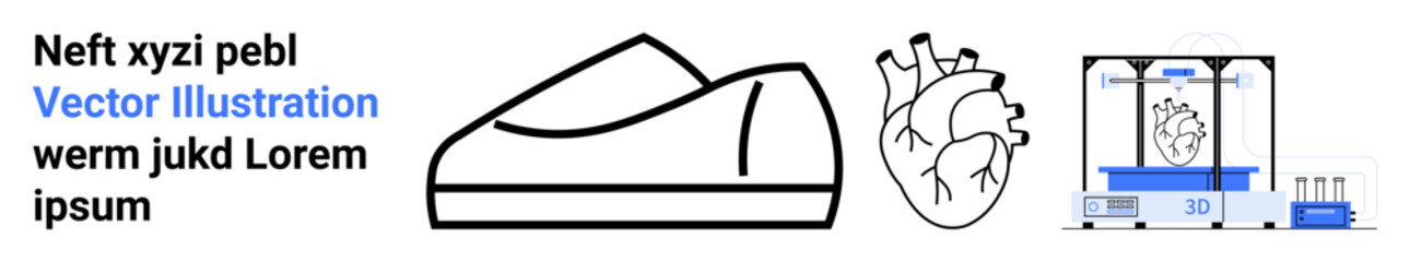 Modern shoe silhouette, anatomical heart sketch, medical device scan. Ideal for technology, health, fashion, innovation, science, education design Landing page