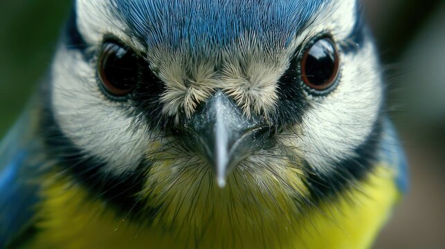 Close-up portrait of a blue tit with bright, curious eyes.