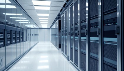 Futuristic data center hallway with cyber architecture and robot, detailed server room backdrop for