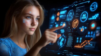 Businesswoman using holographic financial dashboard futuristic control room cinematic lighting ultra HD