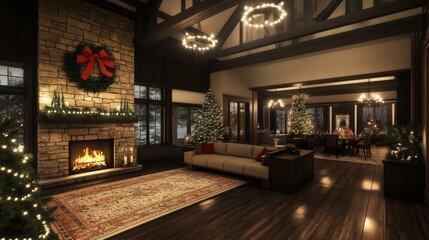 Festive Christmas Living Room with Fireplace and Decorated Trees