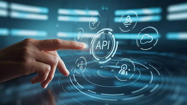 API interface, Application programming interface, Businessmen Interacting with a Futuristic API Interface, business technology, API integration