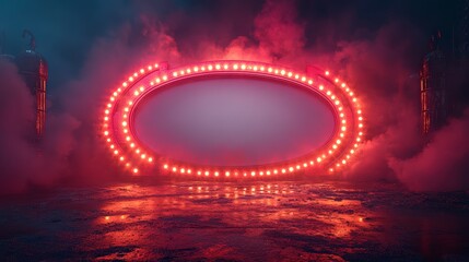 red neon circular frame on dark smoky background