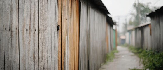 Narrow pathway between wooden huts in an urban environment, showcasing rustic architecture.