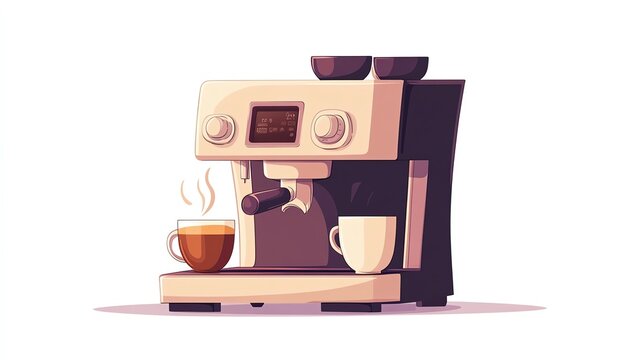 a 2D cartoon illustration of a coffee maker brewing fresh coffee, aromatic and inviting, white background--ar 16:9