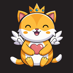 Cute cartoon cat with a crown, wings, and a heart