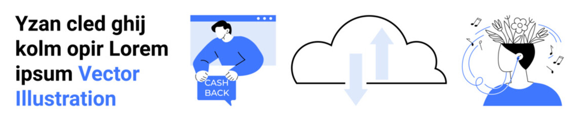 Text block, person holding cashback sign, cloud storage with arrows, head with ideas and notes. Ideal for fintech, tech, data storage, creativity, learning, productivity, and digital marketing