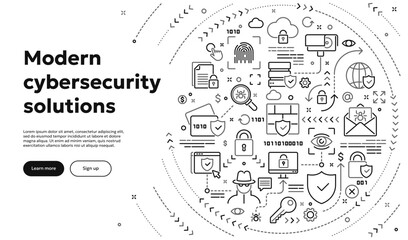 Vector conceptual illustration related to cybersecurity, personal information protection, private data safety. Linear doodle banner or hero image for website