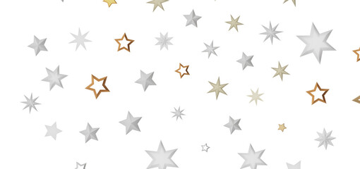 An abstract illustration of stars in various shades of gold and silver against a black background.