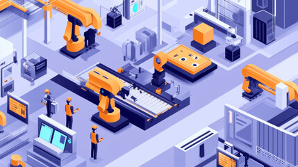High-tech manufacturing plant using AI-driven robots for precision tasks, automated assembly lines, and real-time data monitoring