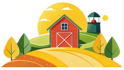 Whimsical illustration of a farm scene featuring a red barn, green hills for agriculture concept