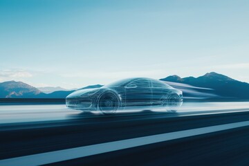 Obraz premium Electric Car in Motion on Open Road with Mountains