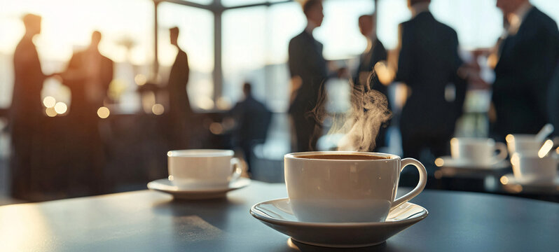 Steaming cups of coffee on table during conference break, with professionals networking in background, creating warm and inviting atmosphere