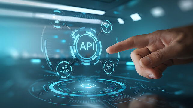 API interface, Application programming interface, Businessmen Interacting with a Futuristic API Interface, business technology, API integration