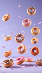 Delicious Donuts Floating in Mid-Air with Colorful Sprinkles