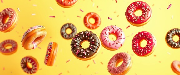 Delight in Colorful Donuts Floating Against a Bright Yellow Background