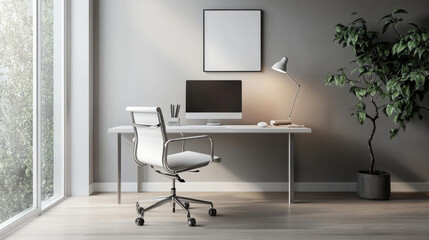 Minimalist small office interior with a focus on simplicity, ergonomic furniture, and subtle decor that adds character without overwhelming the space