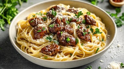 Close-up of linguine pasta with juicy fried chicken liver, topped with herbs and parmesan, plated on a textured gray surface for an elegant look 